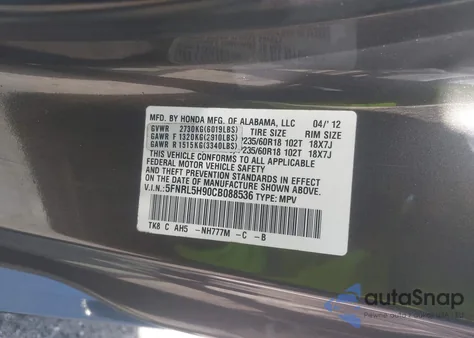 2012 Honda Odyssey Touring/Touring Elite from USA, damaged, VIN 5FNRL5H90CB088536